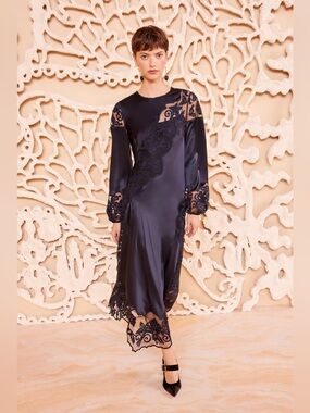 Ulla Johnson Annalise Floral Appliqué Silk Charmeuse Dress in Noir